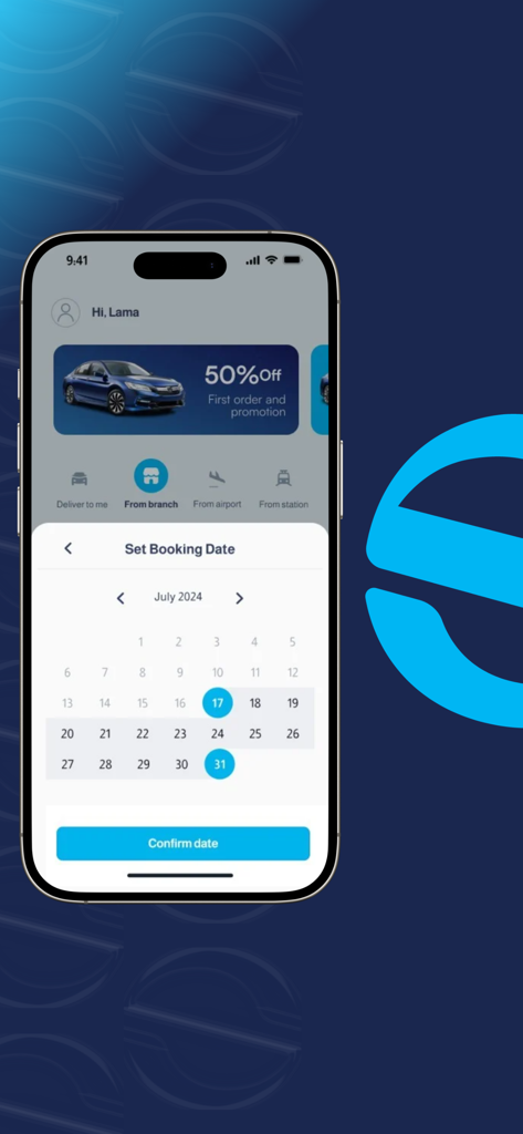 قو ستير | Go Steer - Go Steer app screenshot showing the booking calendar interface and a fifty percent off first order promotion
