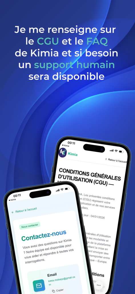 Kimia Lite - Two smartphones displaying the Terms of Service and Contact Us pages of the Kimia Lite app.