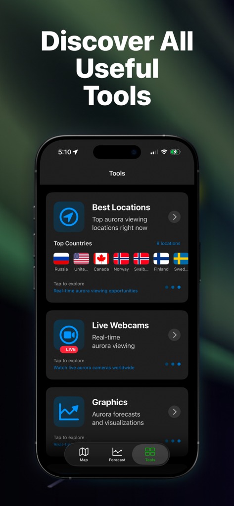 Aurora Forecast - Alerts - 최적 시청 위치, 라이브 웹캠 및 데이터 그래픽을 특징으로 하는 오로라 예보 앱 도구 화면