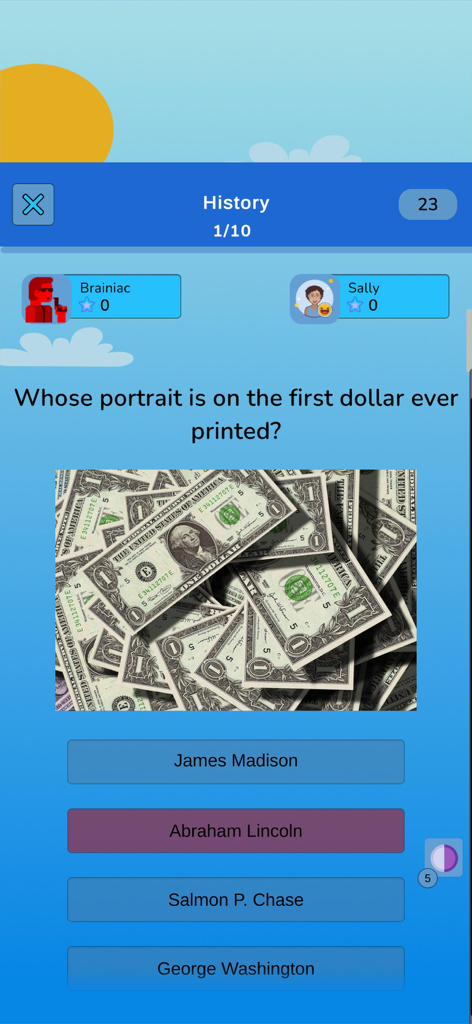 Question de trivia sur l'histoire des États-Unis en mode multijoueur concernant le premier portrait sur un billet d'un dollar.