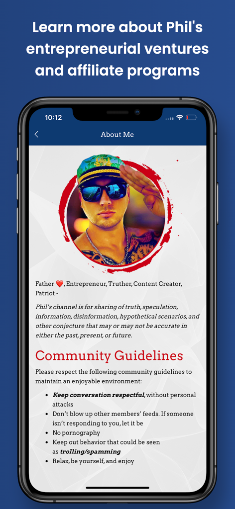 PG Patriot App - About Me page in the PG Patriot App showing Phil Godlewski profile and community guidelines