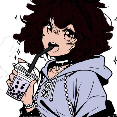 hot baddie anime girl drinking boba and biting the straw