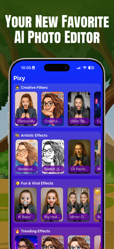 Flux AI Image Generator: Pixy - Interface of Pixy AI Photo Editor app showing various creative and artistic photo filters