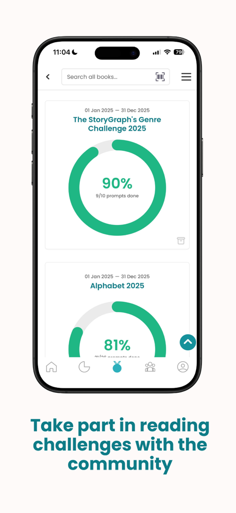 StoryGraph: Reading Tracker - A smartphone screen displaying reading challenge progress charts in the StoryGraph app including a genre and alphabet challenge.