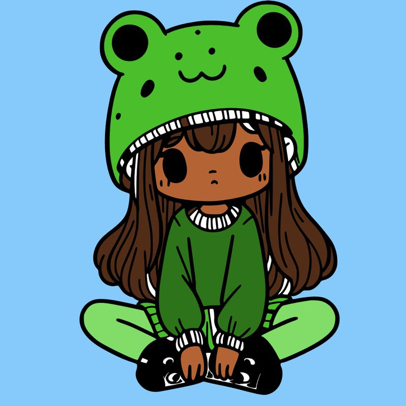 a girl wearing a frog hat and some frog socks