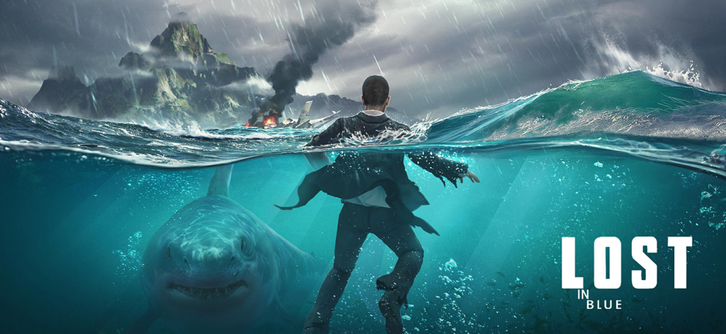A man swims in the ocean near a shark after a plane crash on a remote island in the game LOST in BLUE
