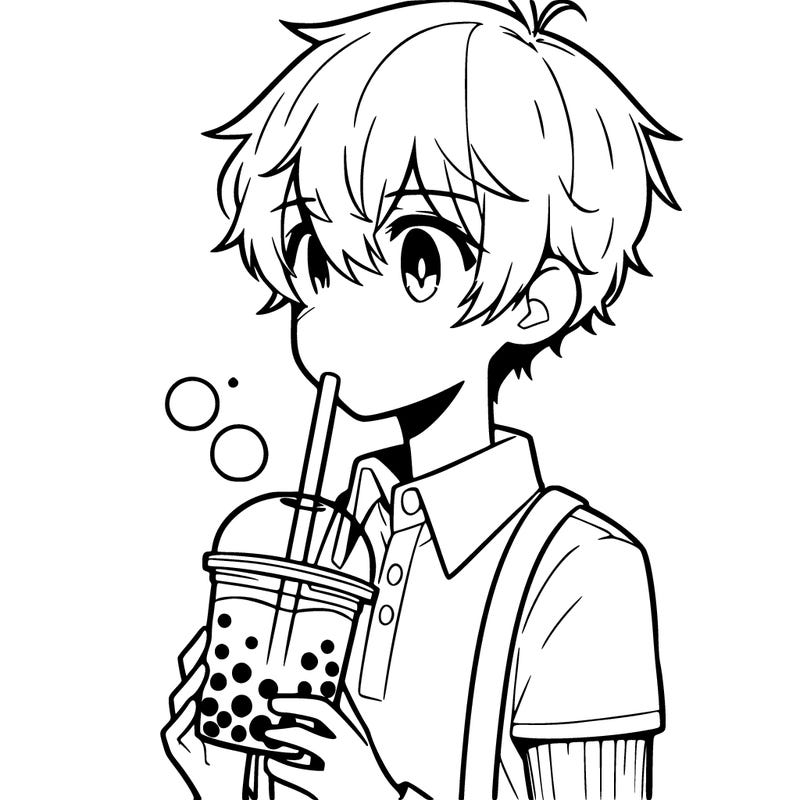manga character boy drinking boba tea