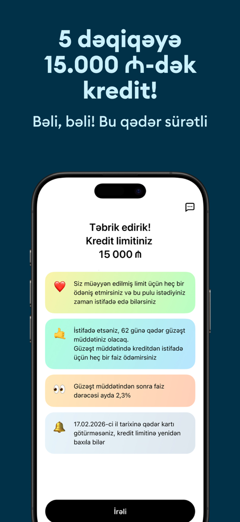 Leobank mobile app interface showing a 15,000 AZN credit limit approval screen with loan details