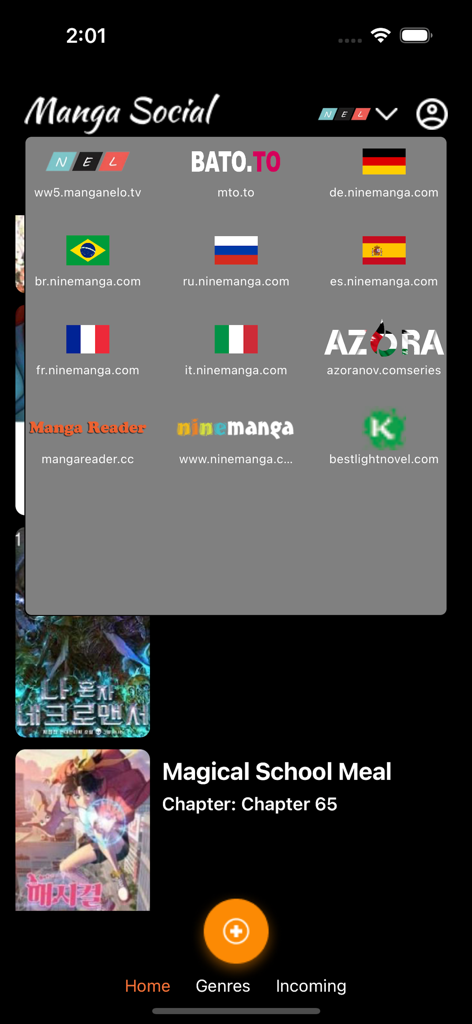 Manga Reader mangatoon geek - A selection of international manga servers available in the Manga Social app interface.