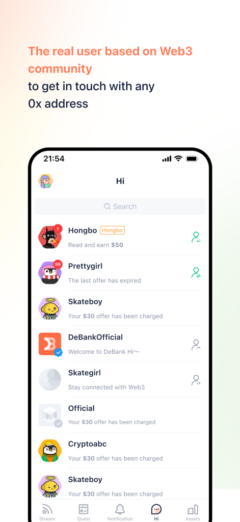 DeBank Crypto & DeFi Portfolio - A screenshot of the DeBank app Web3 messaging interface showing a list of chat contacts and transaction details