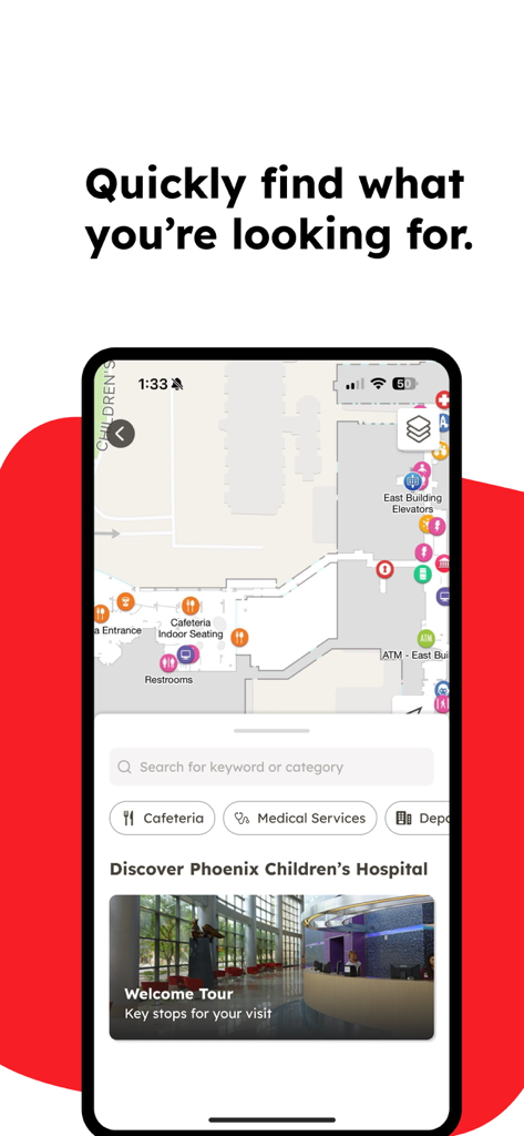 La aplicación Phoenix Childrens Hospital que muestra el mapa de navegación interior y los filtros de categorías de búsqueda