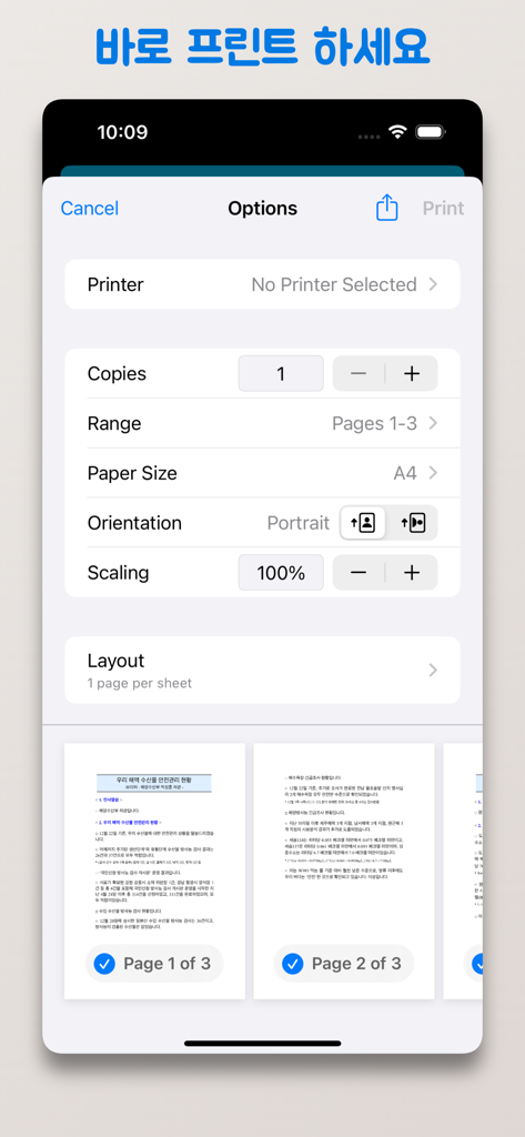 깔끔 한글뷰어 - hwp, hwpx, 한글파일 뷰어 - Écran des options d'impression dans l'application Clean Hangul Viewer affichant la sélection de l'imprimante et un aperçu des pages pour les documents HWP
