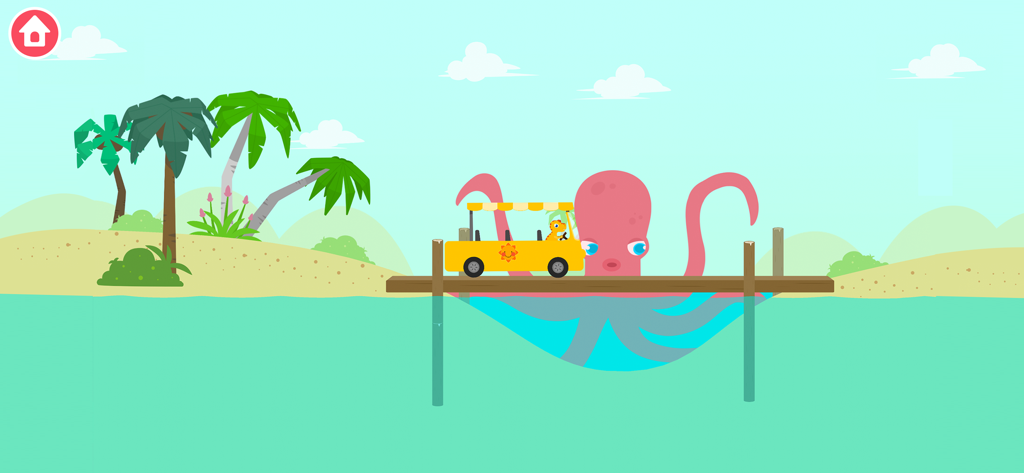 Dinosaur Bus: Kids Car Games - A dinosaur driving a yellow bus on a wooden bridge over a giant pink octopus in the water.