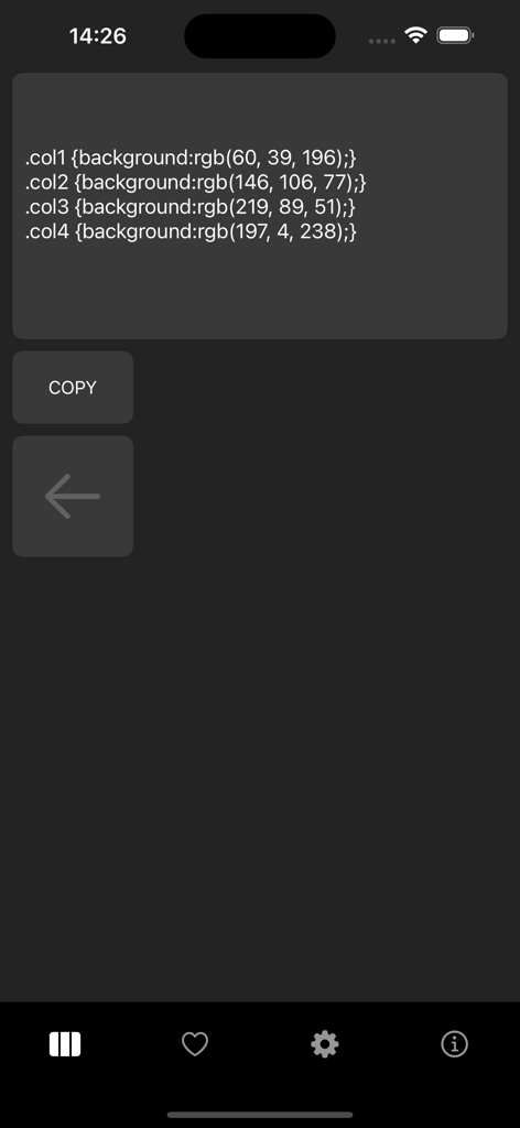 Random Palette - コピーボタン付きの生成されたパレットのRGBカラーコードを表示するインターフェース
