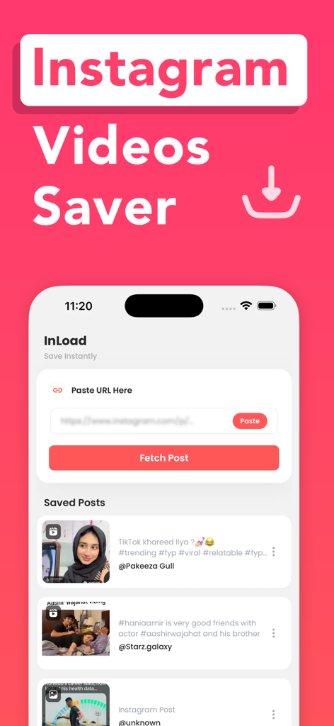 InSave app interface showing the feature to paste a URL and fetch Instagram videos into a saved posts list.
