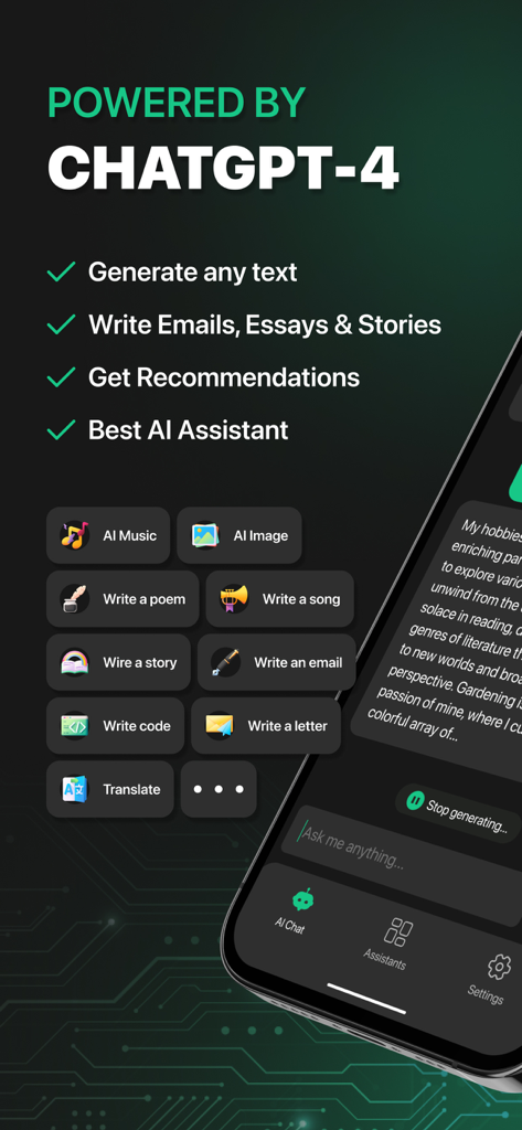 Chat AI Chatbot Assistant - Chat AI app screenshot showing ChatGPT-4 features for writing emails essays and stories