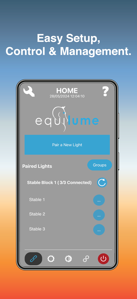 Equilume Stable Light - 馬の厩舎のペアリングされたライト管理を表示するEquilume Stable Lightアプリのホーム画面。