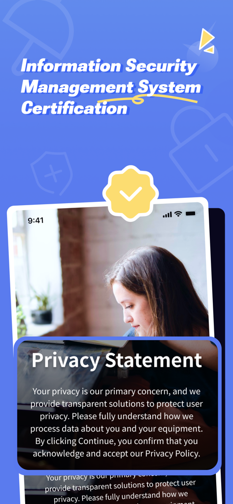 A privacy statement and information security management system certification screen for the SecsTrans Translator app.