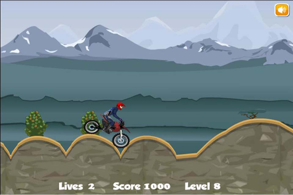 A motorcycle rider navigating a bumpy mountain track in Down Hill Crazy Moto Racing