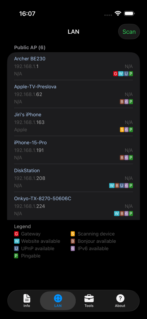 Network Analyzer: net tools - L'application Network Analyzer affiche une liste des appareils connectés et des adresses IP lors d'une analyse du réseau local.