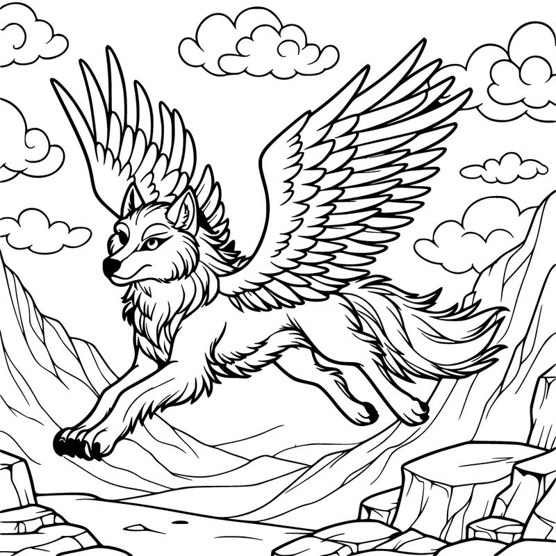 a winged wolf flying over a rocky landscape