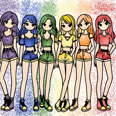 a group of girls wearing crop tops and shorts