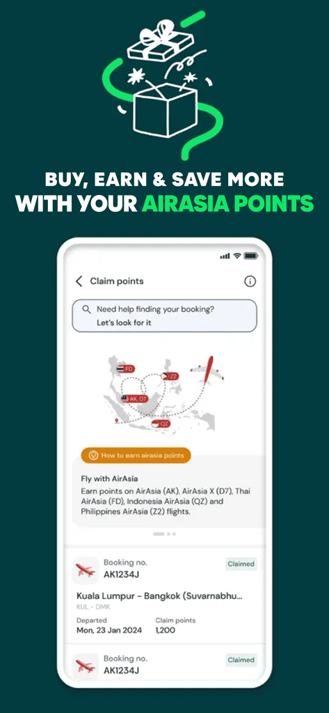 Interfaccia mobile di AirAsia MOVE per riscattare punti fedeltà sui voli nel Sud-est asiatico