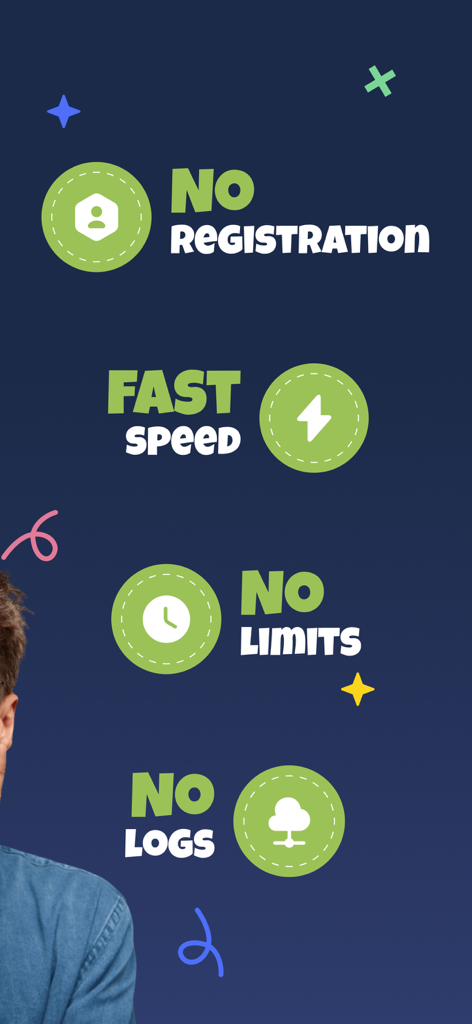 USA VPN - Private & Fast - Grafica che mostra le funzionalità dell'app USA VPN tra cui nessuna registrazione, velocità elevata, nessun limite e nessun log.