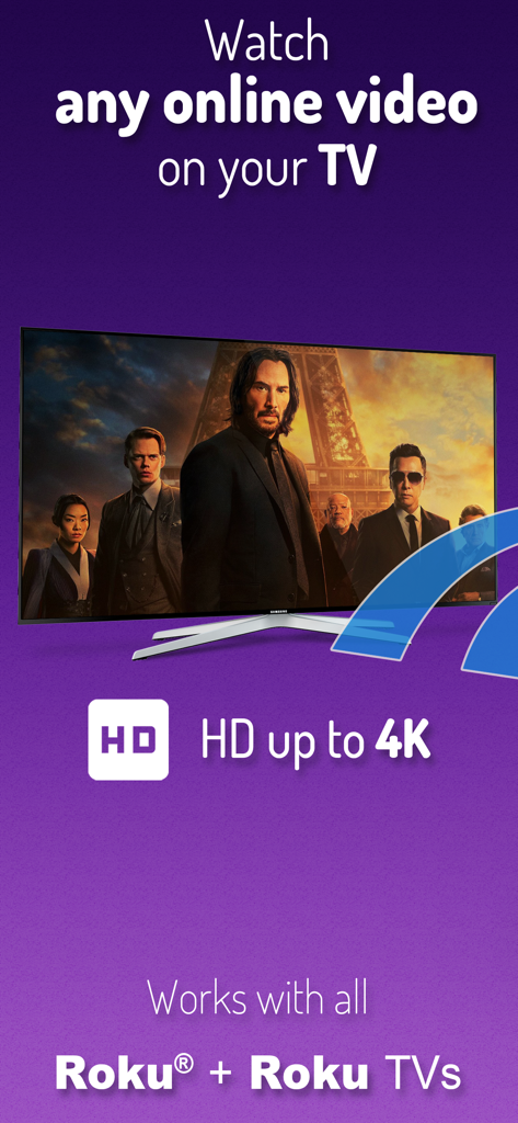 Cast Web Videos to Roku TV - Gráfico promocional para transmitir videos web a Roku TV en calidad HD y 4K