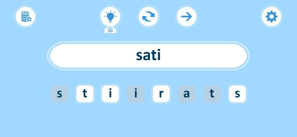 Anagrams - Word Search Puzzle - Pantalla del juego de puzzles de palabras Anagramas que muestra la selección de letras e iconos de juego