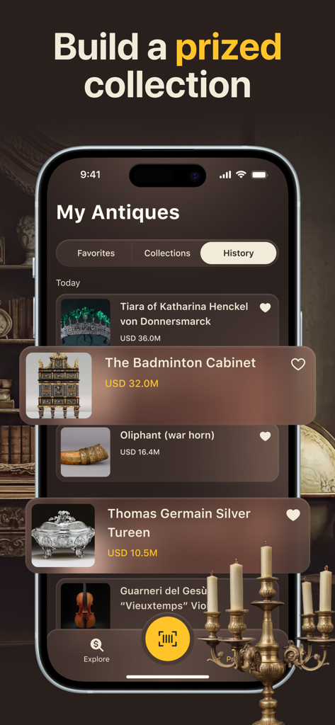 Antica - AI Antique Identifier - A mobile screen from the Antica app displaying a history of identified high-value antique items and their market prices.