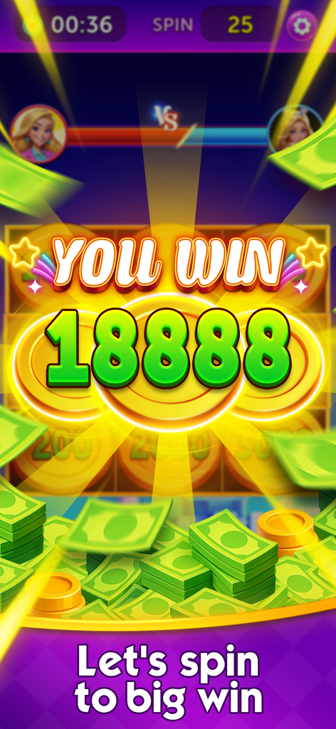 Cash Carnival - Win Real Money - 18888점과 달러 지폐 더미를 보여주는 캐시 카니발의 대형 당첨 화면