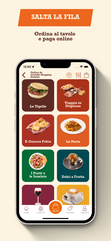 Dispensa Emilia - Interfaz de la aplicación móvil Dispensa Emilia que muestra categorías de menú como tigelle y pasta para pedidos online