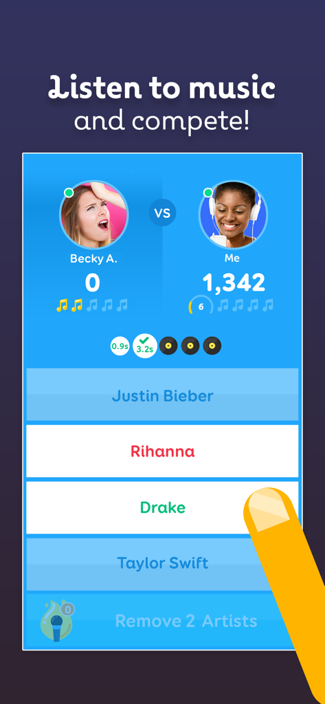 SongPop Classic - Music Trivia - Una partida multijugador de trivia musical en SongPop Classic mostrando opciones de selección de artistas como Drake y Rihanna.