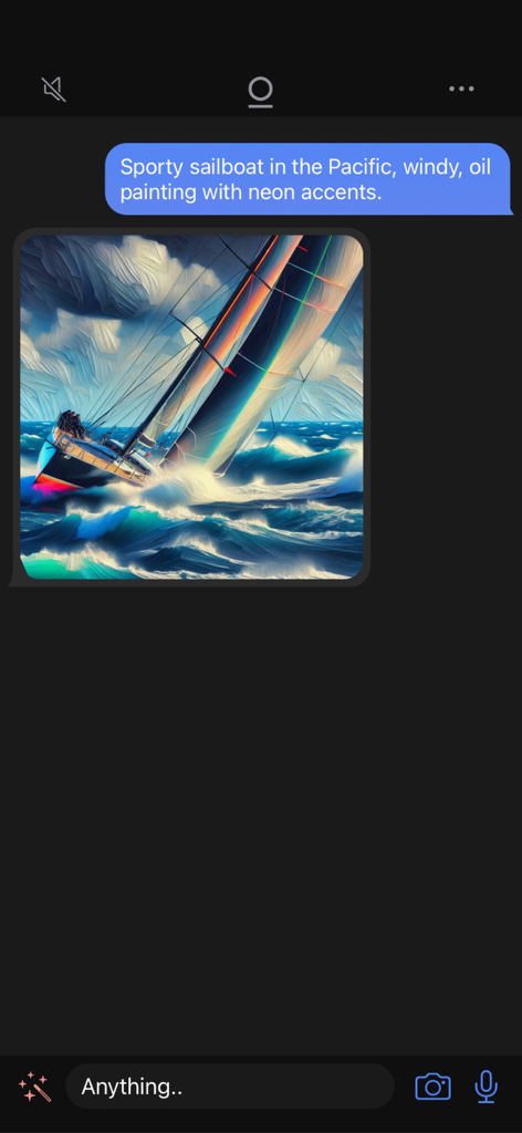 Delphi Pro - Eine Chat-Oberfläche in der Delphi Pro App, die ein von der KI generiertes Ölgemälde eines Segelboots mit Neon-Akzenten zeigt.