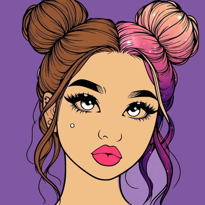 realistic girl with two buns on her hair and lips