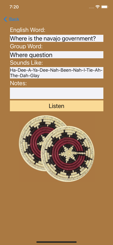Captura de pantalla de la aplicación Speak Navajo que muestra la pronunciación fonética de una frase común y un botón de escuchar