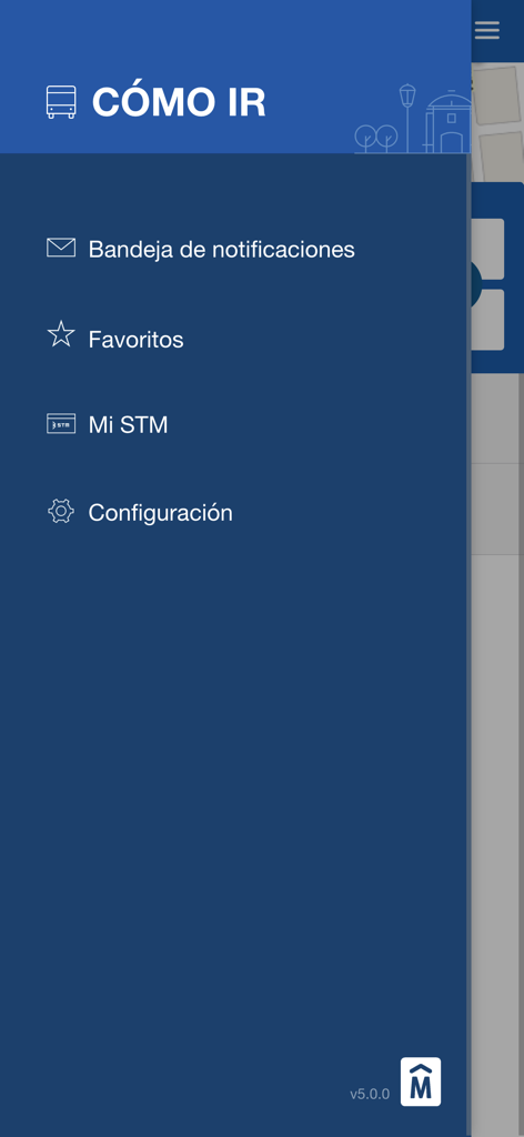 Navigation menu of the Como ir app with notifications and favorites