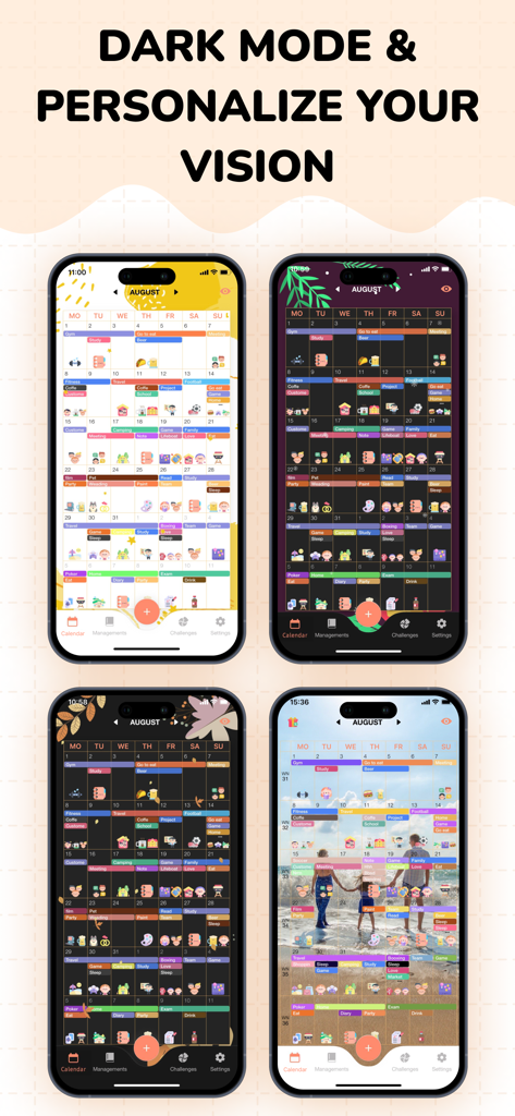 Comparison of light and dark mode calendar themes with personalized backgrounds and stickers.