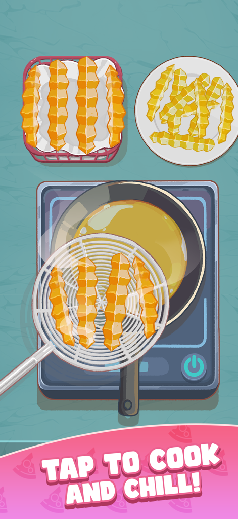 A cozy mobile game screen showing crinkle-cut fries being lifted from a frying pan with a strainer.