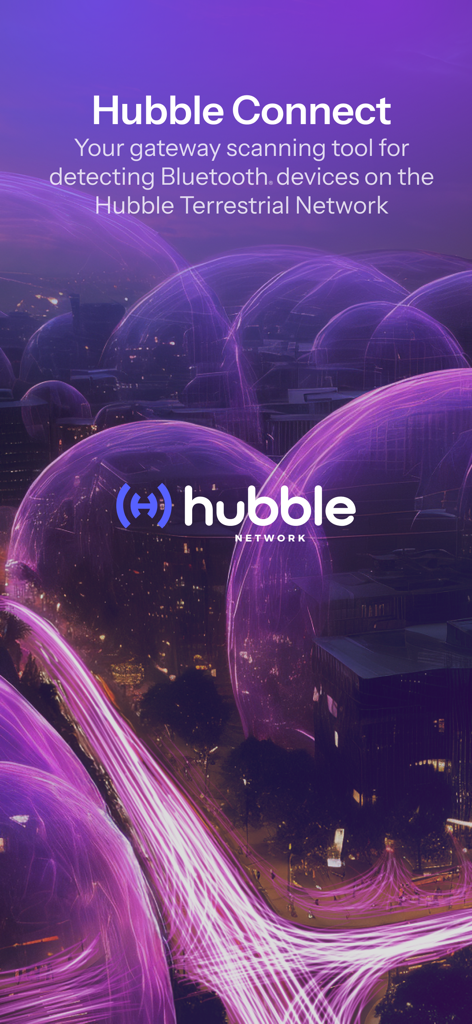 Hubble Connect - Hubble Connect introductory screen showing the gateway scanning tool for the Hubble Terrestrial Network