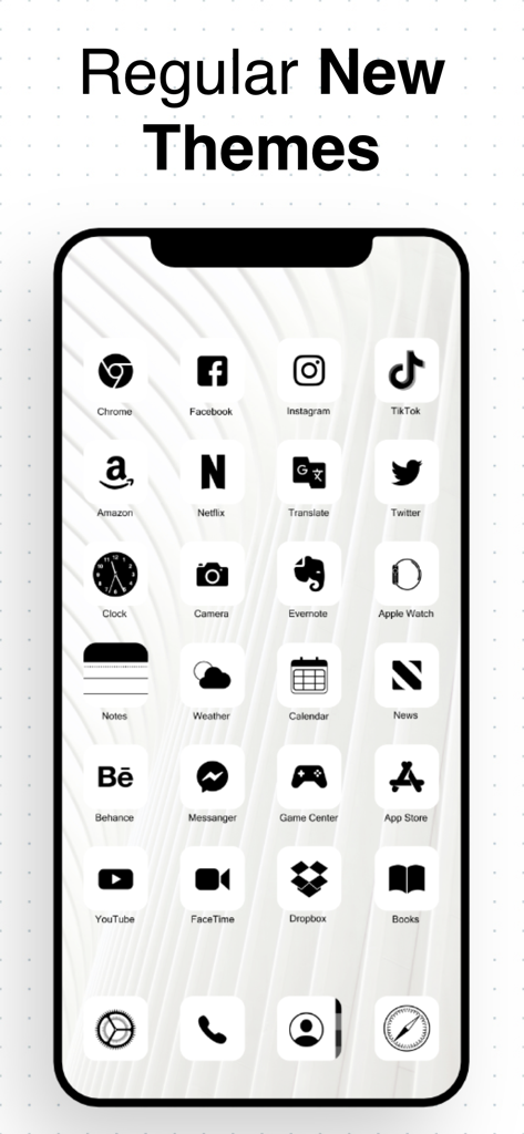 Tema minimalista de iconos de aplicaciones en blanco y negro para la pantalla de inicio de iPhone