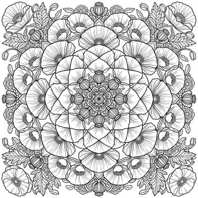 Immerse yourself in the captivating beauty of our Poppy Mandala coloring page, showcasing a breathtaking arrangement of poppy flowers, buds, and delicate foliage. This intricate design invites colorists of all levels to find peace and creative expression.