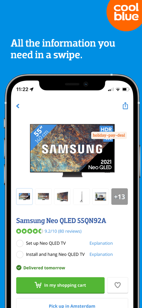 Coolblue app product page showing a Samsung Neo QLED TV with review ratings and shopping cart options