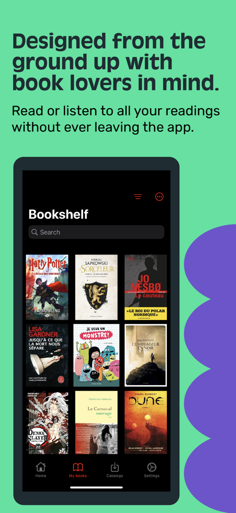 Cantook by Aldiko app bookshelf displaying various ebook and comic covers in dark mode interface.
