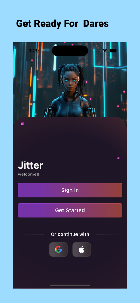 Jitter - Schermata di benvenuto dell'app Jitter con un personaggio futuristico e pulsanti per accedere o iniziare