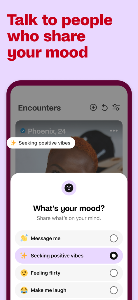 Badoo dating app screenshot showing the mood selection feature for users to share what is on their mind.