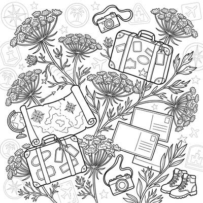 Unpack your creativity with this delightful coloring page featuring delicate Queen Anne's Lace flowers intertwined with charming vacation travel essentials. Get ready to personalize your next adventure with vibrant colors.