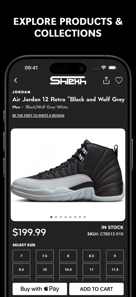 Una página de producto en la aplicación Shiekh Shoes mostrando zapatillas Air Jordan 12 Retro negras y gris lobo con opciones de precio y talla.
