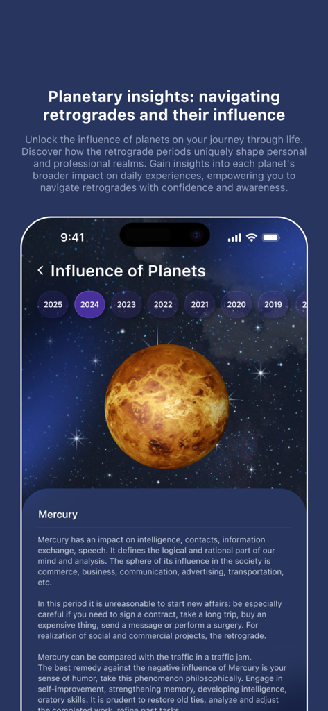 Interface de l'application Moon Days Calendar affichant des aperçus planétaires et une description de l'influence de la rétrogradation de Mercure